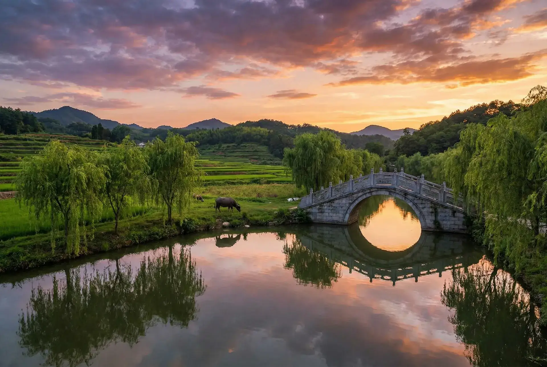夕阳下的石拱桥与垂柳，水牛在河边吃草 - 大奶妹 乡村美景
